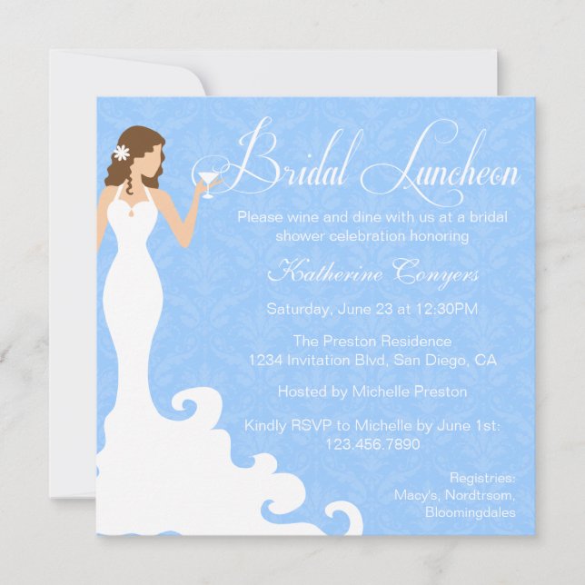Chic Blue Wine Damask Bridal Luncheon Einladung (Vorderseite)
