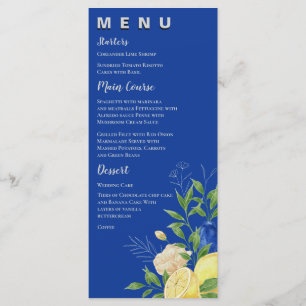 Chic Blue Yellow Floral Lemon Summer Wedding Party Menükarte
