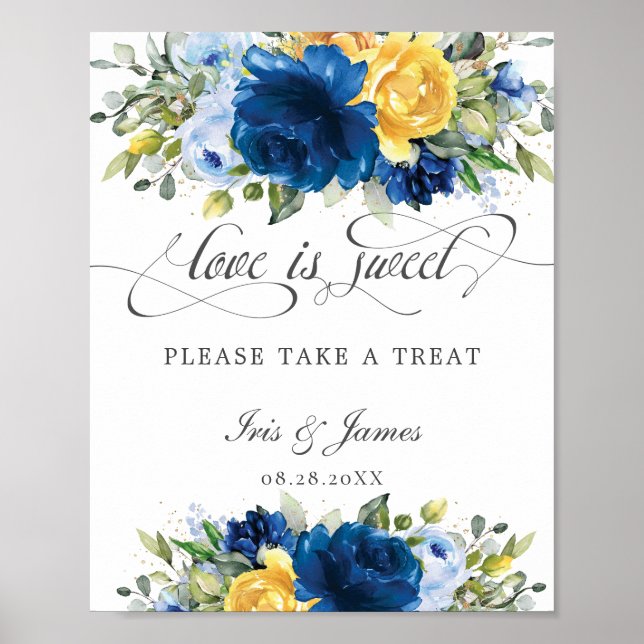 Chic Blue Yellow Floral Liebe ist Sweet Nehmen Sie Poster (Vorne)