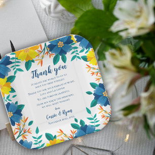 Chic Blue Yellow Floral Wedding Danke für Ihre Nac Pappteller