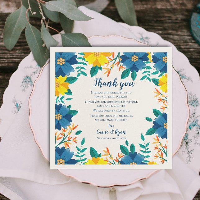 Chic Blue Yellow Floral Wedding Danke für Ihre Nac Serviette (Chic Blue Yellow Floral Wedding Thank you Message Napkins)