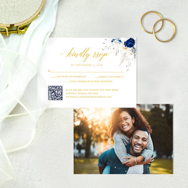 Chic Blue Yellow Floral Wedding QR Code RSVP Card Dankeskarte (Von Creator hochgeladen)