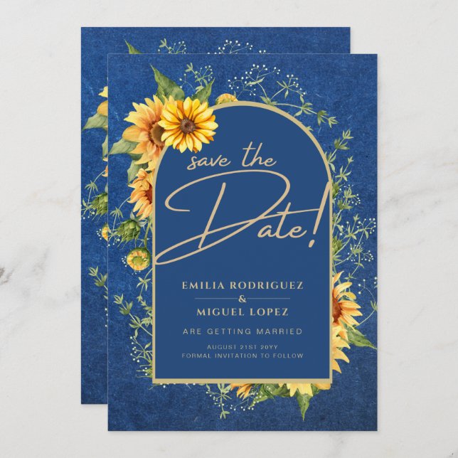 Chic Blue Yellow Sunflowers Wedding All-in-1 Einladung (Vorne/Hinten)