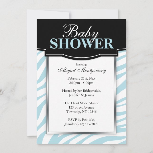 Chic Blue Zebra Print Baby Dusche Einladungen (Vorderseite)
