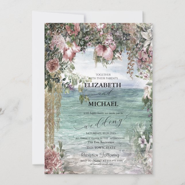 Chic Blume Hochzeit von Ocean Script Einladung (Vorderseite)