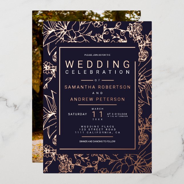 Chic Blumenrahmen Marineblau elegantes HochzeitsFo Folieneinladung (Vorderseite/Rückseite)