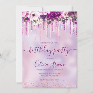 Chic Blumenrosa lila tropfender Glitzer jeden Alte Einladung
