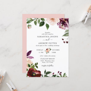 Chic Blush and Burgund Bloral Blossom Hochzeit Einladung