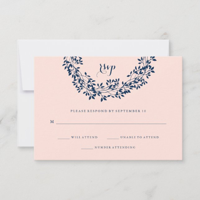 Chic Blush and Navy Botanic Wreath UAWG RSVP Karte (Vorderseite)