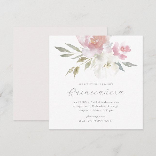 Chic Blush Aquarellfarben Quinceanera Foto Einladung (Vorne/Hinten)