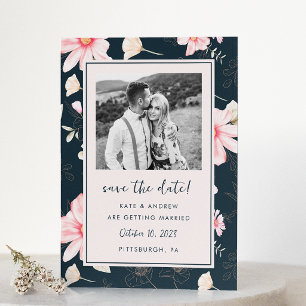 Chic Blush Bloral Blue Wedding Foto Save the Date