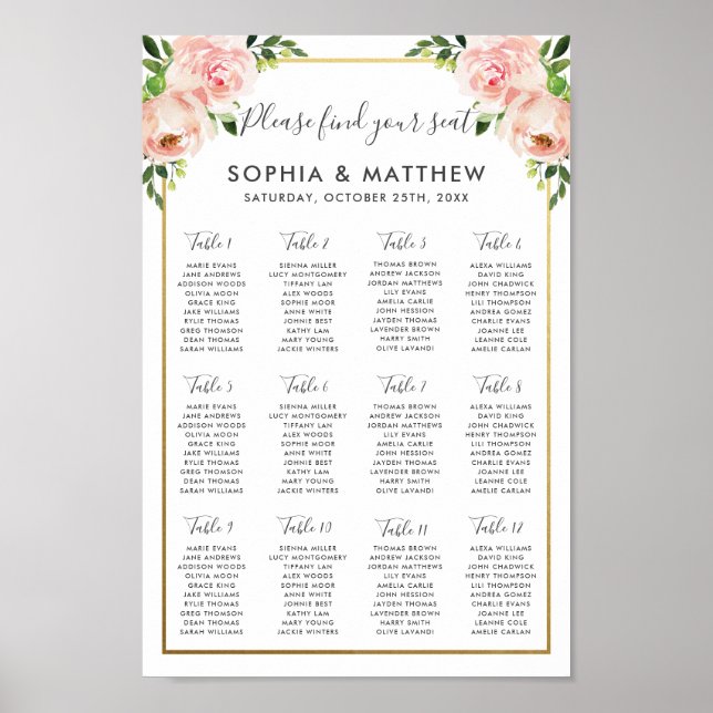 Chic Blush Blues Blume Hochzeitsdiagramm Poster (Vorne)