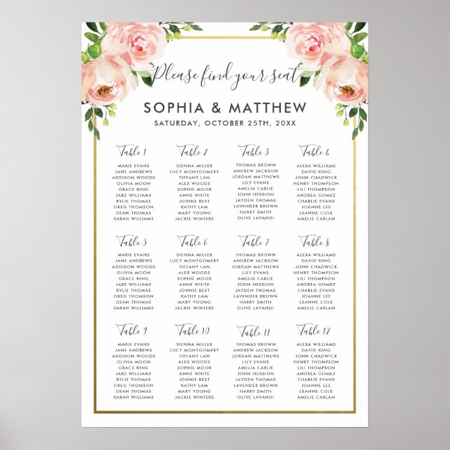 Chic Blush Blues Blume Hochzeitssitzplan A2 Poster (Vorne)