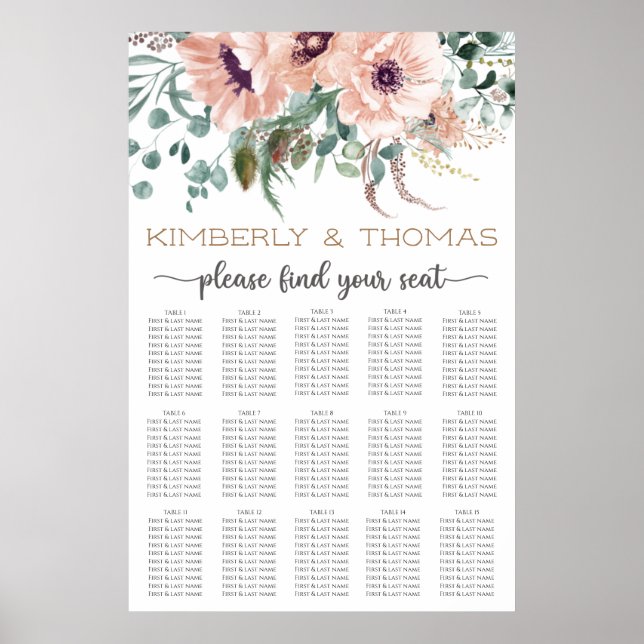 Chic Blush Blues Hochzeitstabelle Poster (Vorne)