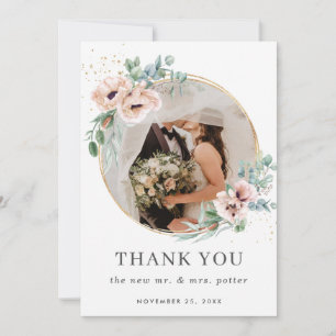 Chic Blush Blumenmohn Greenery Foto Hochzeit Dankeskarte