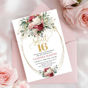 Chic Blush Burgunderrot Florales Sweet Sixteen Geb Einladung