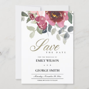CHIC BLUSH BURGUNDY ROSE FLORAL SAVE THE DATE KART DANKESKARTE