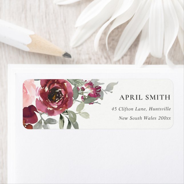 CHIC BLUSH BURGUNDY WATERCOLOR ROSE FLORAL ADRESSE (Insitu)
