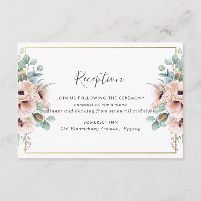 Chic Blush Dusty Pink Floral Hochzeitsempfang Begleitkarte (Vorderseite)