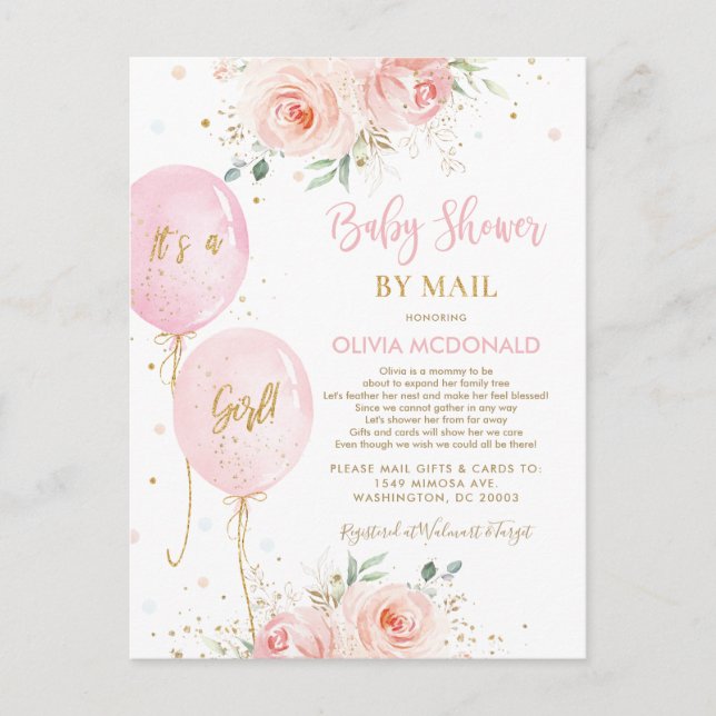 Chic Blush Floral Balloons Baby Dusche by Mail Postkarte (Vorderseite)