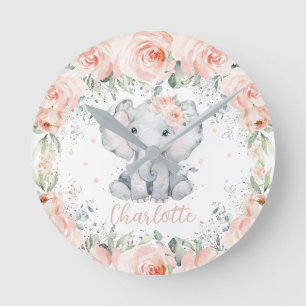 Chic Blush Floral Elefant Girl Schlafzimmer Kinder Runde Wanduhr