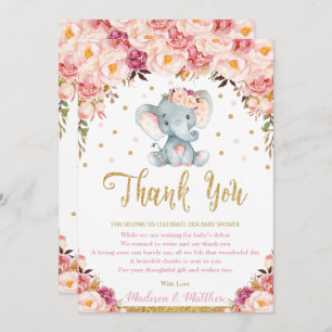 Chic Blush Floral Elephant Baby Dusche Geburtstag Dankeskarte