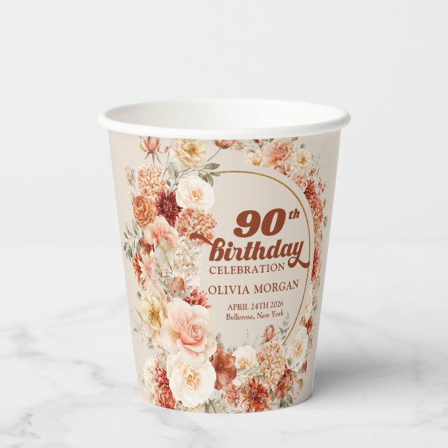 Chic blush floral eucalyptus gold 90th birthday  pappbecher (Rückseite)