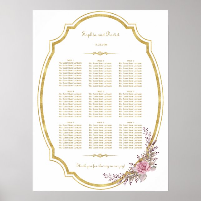 Chic Blush Floral Gold Rahmen Seekarte Poster (Vorne)
