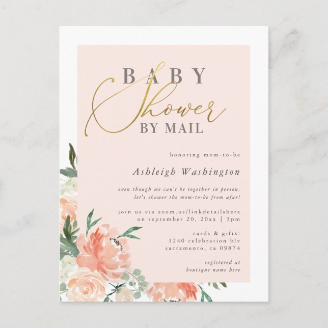 Chic Blush Floral Gold Script Babydusche per Mail Einladungspostkarte (Vorderseite)