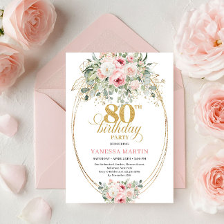 Chic Blush Floral Grün Gold 80. Geburtstag Einladung