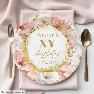 Chic Blush Floral Ivory Gold Geburtstagspapier-Tel Pappteller