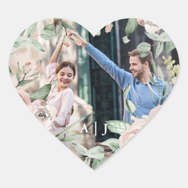 Chic Blush Floral mit Monogram Foto Wedding Herz-Aufkleber (Vorderseite)