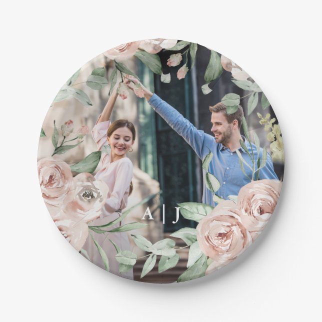 Chic Blush Floral mit Monogram Foto Wedding Pappteller (Vorderseite)