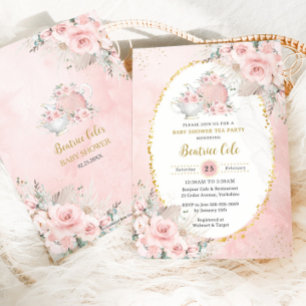 Chic Blush Floral Pampas Tea Party Babydusche Einladung