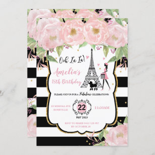 Chic Blush Floral Paris Geburtstag Eiffelturm Einladung