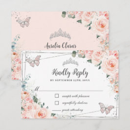 Chic Blush Floral Silver QUINCEAÑERA Schmetterling RSVP Karte