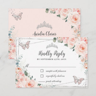 Chic Blush Floral Silver QUINCEAÑERA Schmetterling RSVP Karte