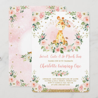 Chic Blush Gold Floral Giraffe 1. Geburtstag Party Einladung