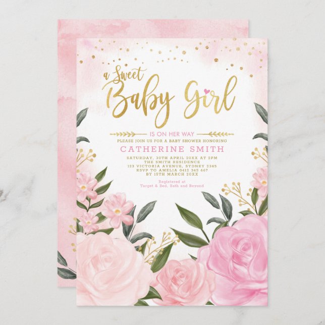 Chic Blush Gold Garden Blumen Rose Babydusche Einladung (Vorne/Hinten)