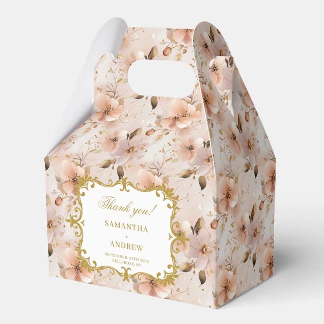Chic Blush Gold Gastgeschenk Hochzeit Box Blumende Geschenkschachtel (Chic Blush Gold Wedding Favor Box Floral Details)