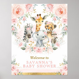 Chic Blush Gold Jungle Safari Baby Tiere Willkomme Poster