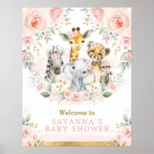 Chic Blush Gold Jungle Safari Baby Tiere Willkomme Poster