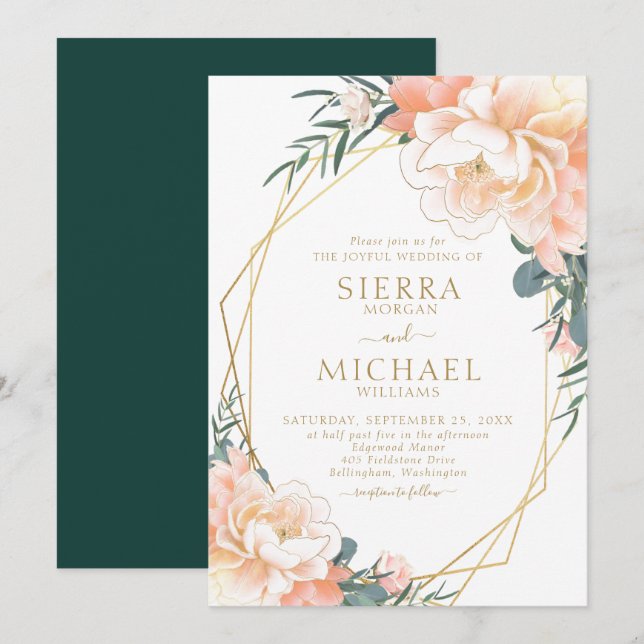 Chic Blush Gold Peach Emerald Green Floral Wedding Einladung (Vorne/Hinten)