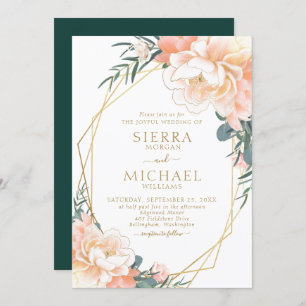 Chic Blush Gold Peach Emerald Green Floral Wedding Einladung