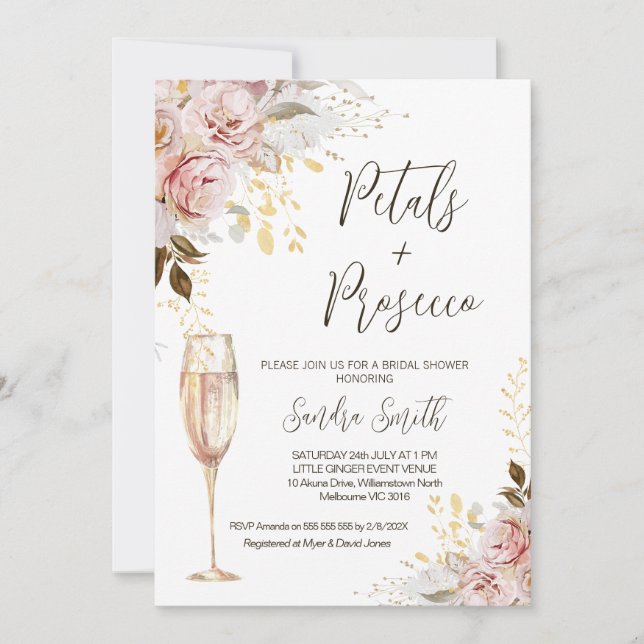 Chic Blush Gold Petals und Prosecco Brautparty Einladung (Vorderseite)