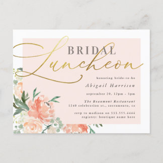 Chic Blush & Gold Script Floral Bridal Luncheon Einladungspostkarte