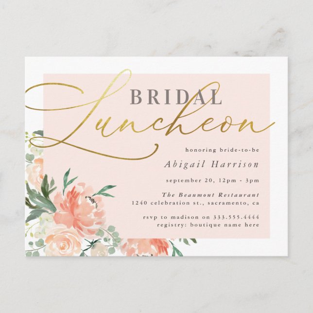 Chic Blush & Gold Script Floral Bridal Luncheon Einladungspostkarte (Vorderseite)