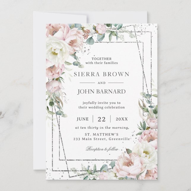 Chic Blush Ivory Peonies Floral Geometric Wedding Einladung (Vorderseite)