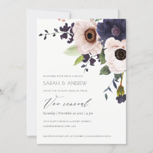 Chic Blush Navy Anemone Floral Vow Renewal Einladu Dankeskarte