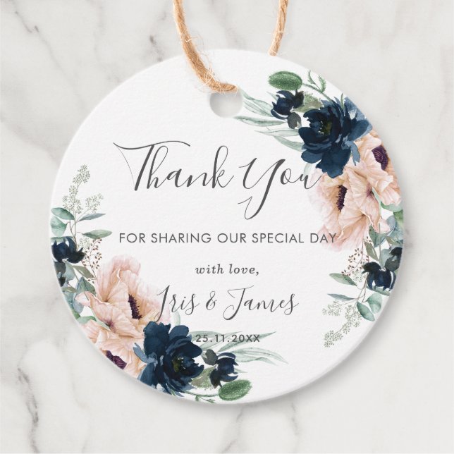 Chic Blush Navy Blue Rose Blumenzange Danke Geschenkanhänger (Vorderseite)